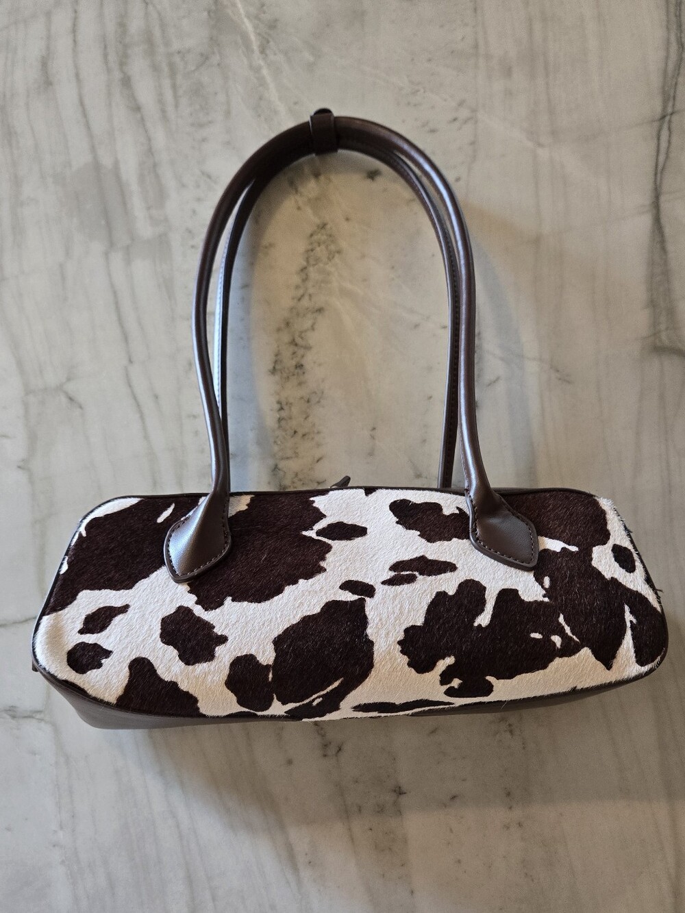House of Harlow 1960 East-West Baguette Calf Hair Barrel Shoulder Bag Cow Design